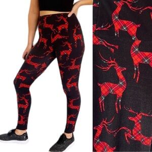 Leggings Depot black red plaid Christmas reindeer print leggings one size